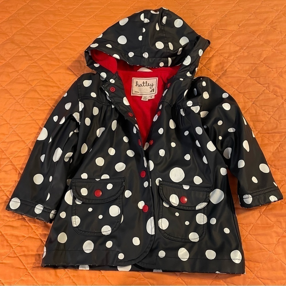 Hatley Sz 3 Girls Raincoat Terry lining warm polka dot blue white navy